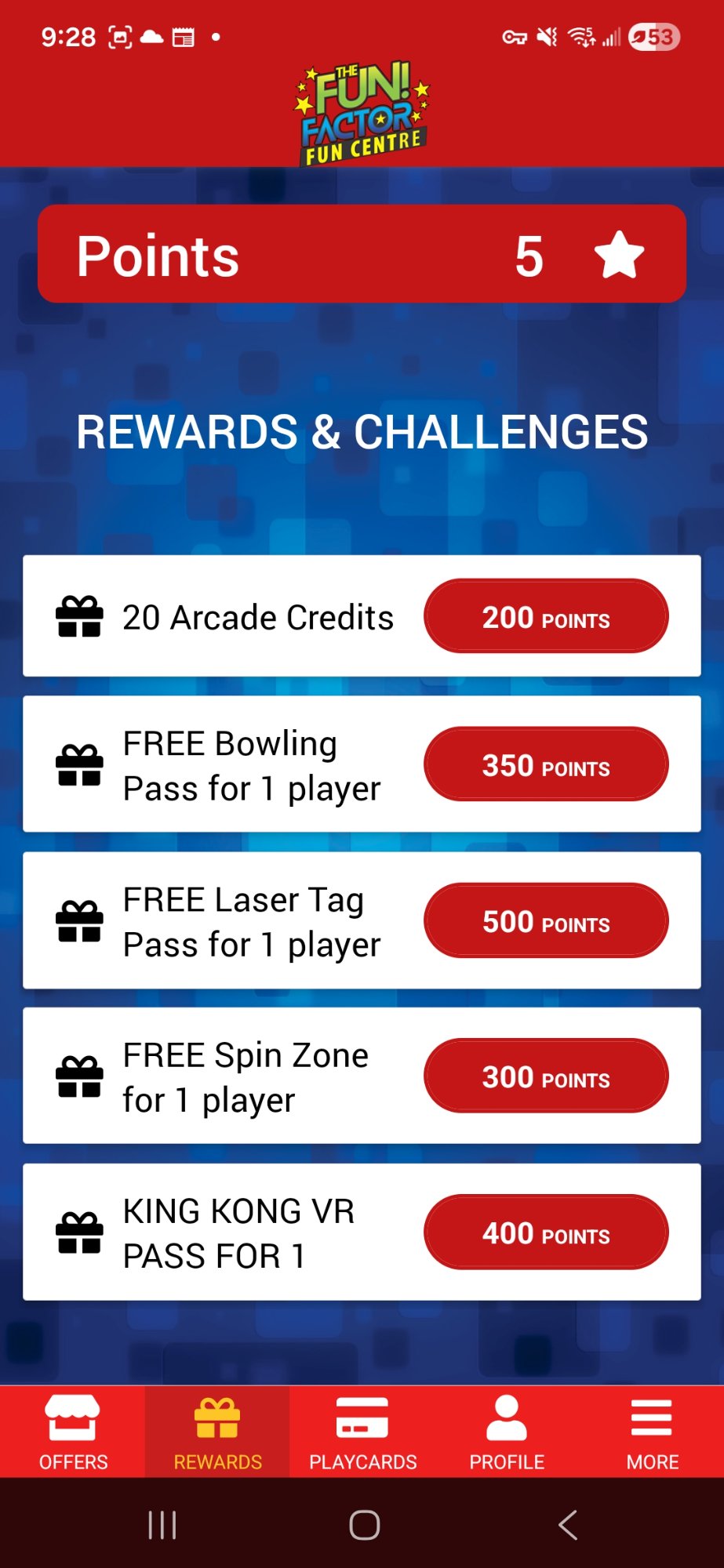 Fun Factor App — Rewards & Challenges screen